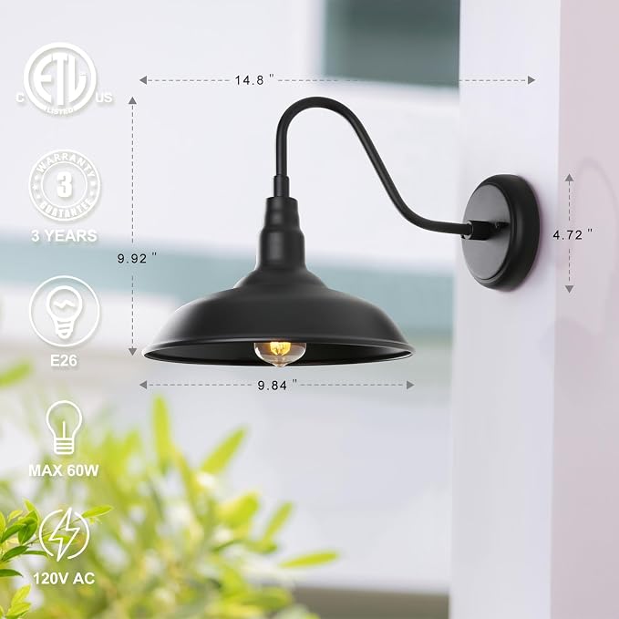 Black Gooseneck Barn Light for Farmhouse 10 Inch Dome Exterior Lights Fixture - Image 3