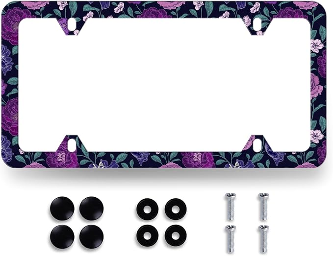 Purple Floral Flowers License Plate Frame Roses Peonies Colorful License Plate by RNKATIH
