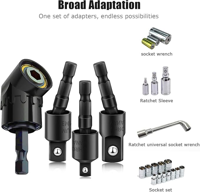 105 Degree Right Angle Drill Adapter Set, 1/4-1/2 Inch Socket Adapters - Image 4