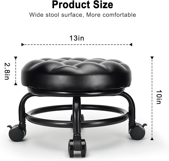 Low Height Rolling Stool Roller Stool PU Leather Comfortable Seat 360°Swivel - Image 2