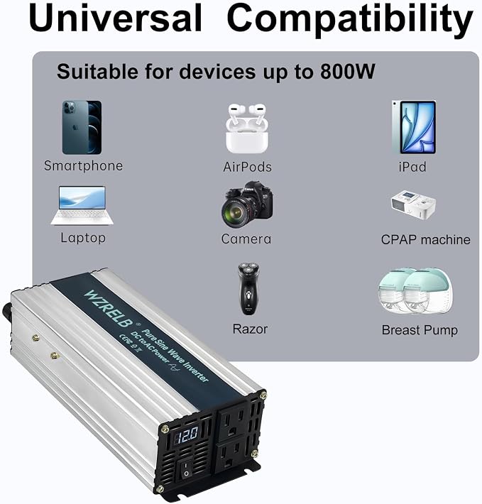 WZRELB 800W Pure Sine Wave Inverter 12V DC to 110V 120V AC Power Converter - Image 6