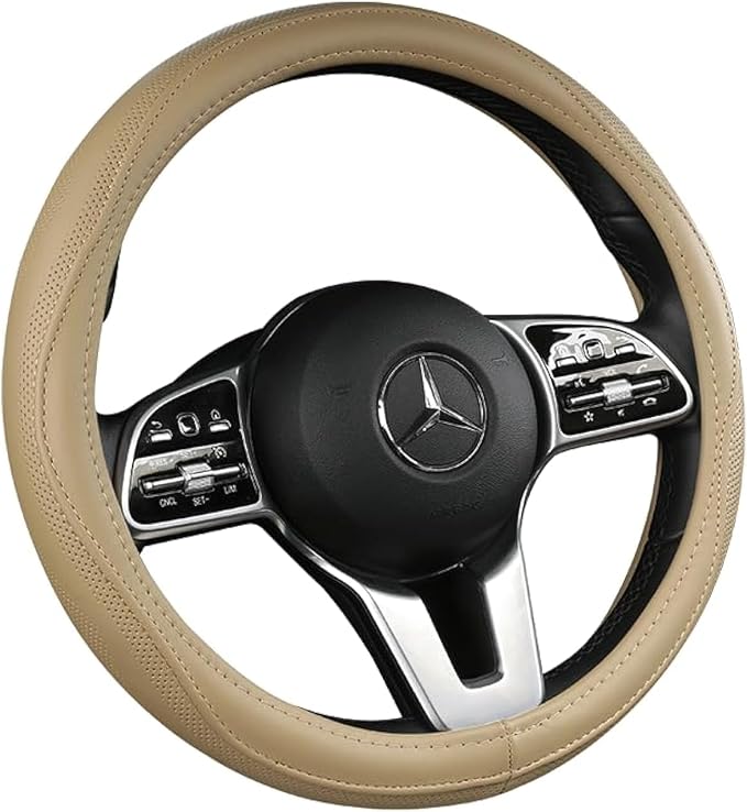 Cowhide Steering Wheel Cover Heat Resistant Anti-Slip Car Wheel Wrap Compatible by AEVEA