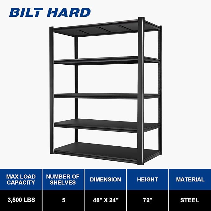 BILT HARD 3500 LBS 48" W x 24" D x 72" H Metal Garage Shelving Unit, 5-Tier - Image 3