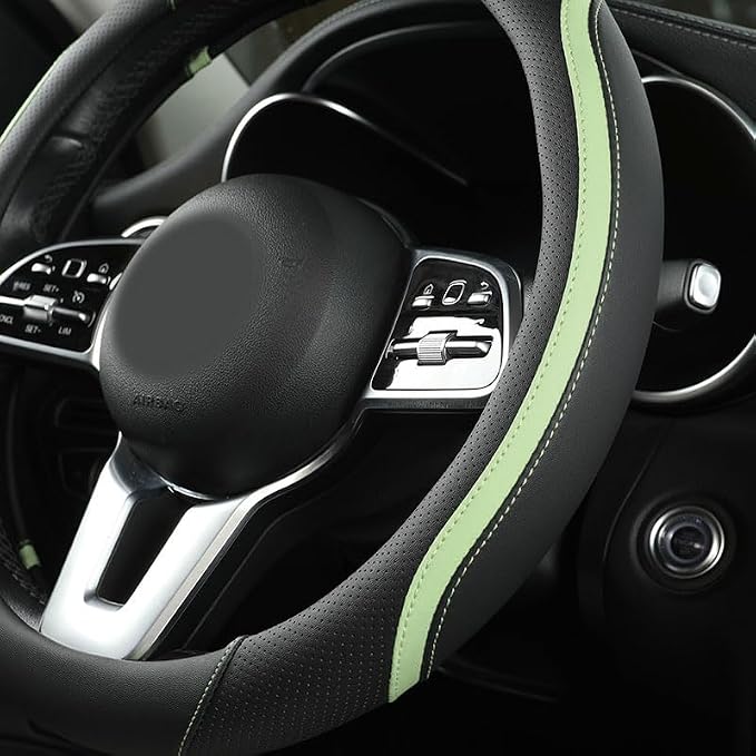 Car Steering Wheel Cover, Leather Steering Wheel Cover Green Universal 14.5-15 - Image 2