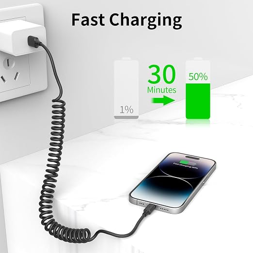 Coiled Lightning Cable 3FT for Car 2Pack, Stretchable iPhone Cord Fast Charging - Image 4