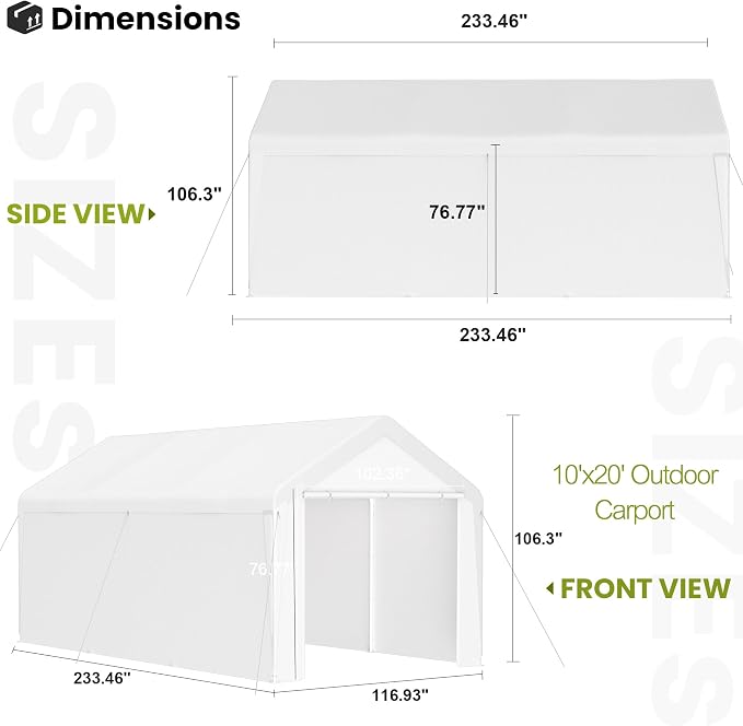 GOJOOASIS 10x20 Carport Heavy Duty Portable Garage Shelter Metal Car Canopy Tent - Image 2