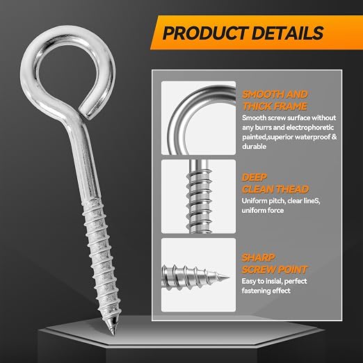 8Pcs 6 Inch Heavy Duty Screw Eyes Hooks, 304 Stainless Steel Self Tapping - Image 8