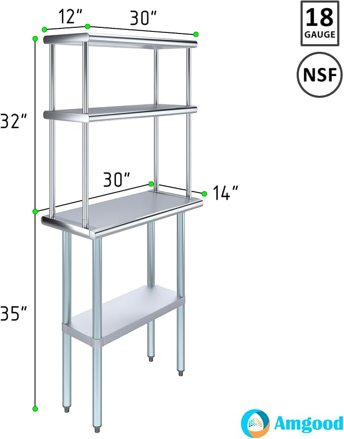 Amgood Stainless Steel Work Table Double Tier Overshelf - Image 3