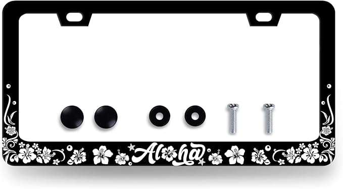 Aloha License Plate Frame Hibiscus Flowers License Plate Holder Stainless Steel by RNKATIH