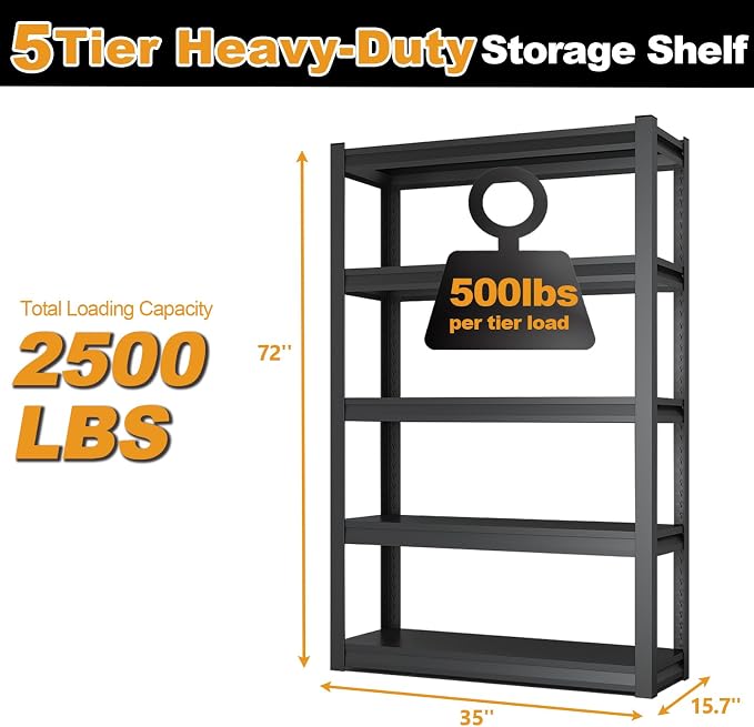 72H Metal Kitchen Storage Shelves, 2500 LBS Heavy Duty Garage Shelving Unit - Image 2