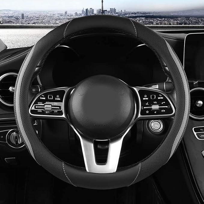 Car Steering Wheel Cover, Leather Steering Wheel Cover Grey Universal 14.5-15 - Image 2