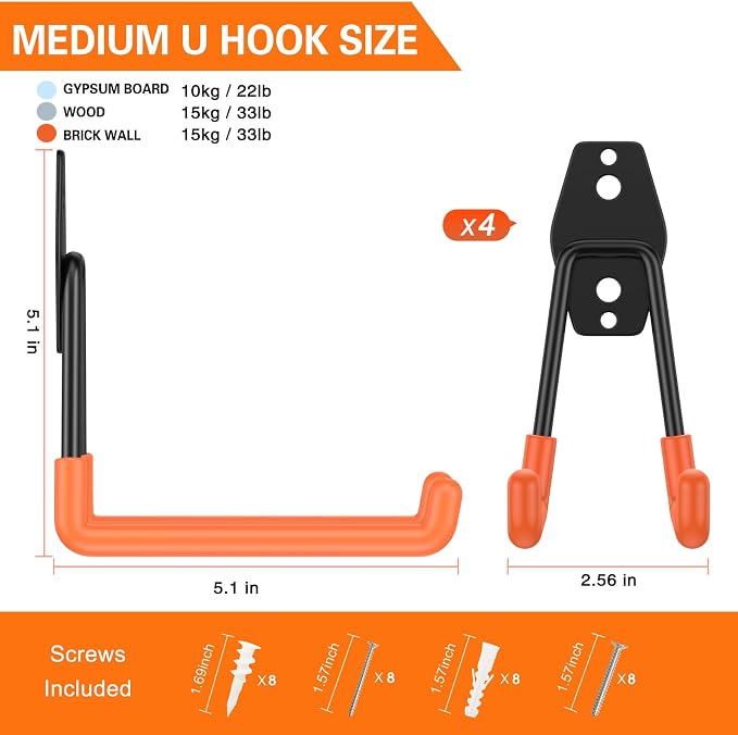 Heavy Duty Garage Hooks 4 Pack, 5.1 inch Medium U Shaped Hanger, Wall Mounted - Image 2