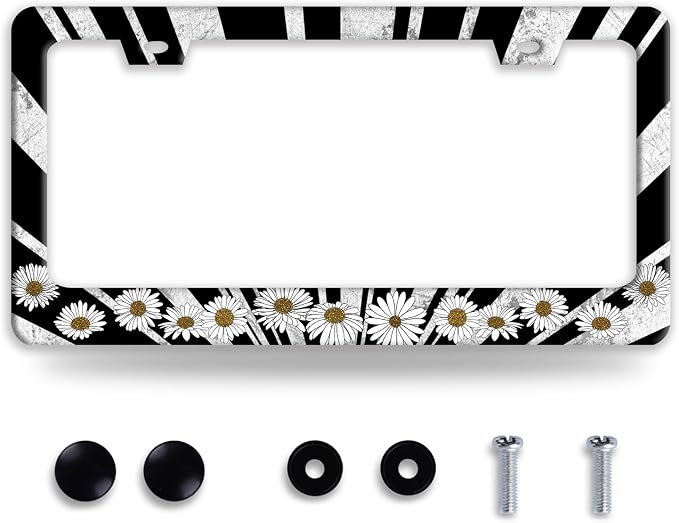 Sun License Plate Frame Black White Daisy Flowers License Plate Frames Funny by NINANMY