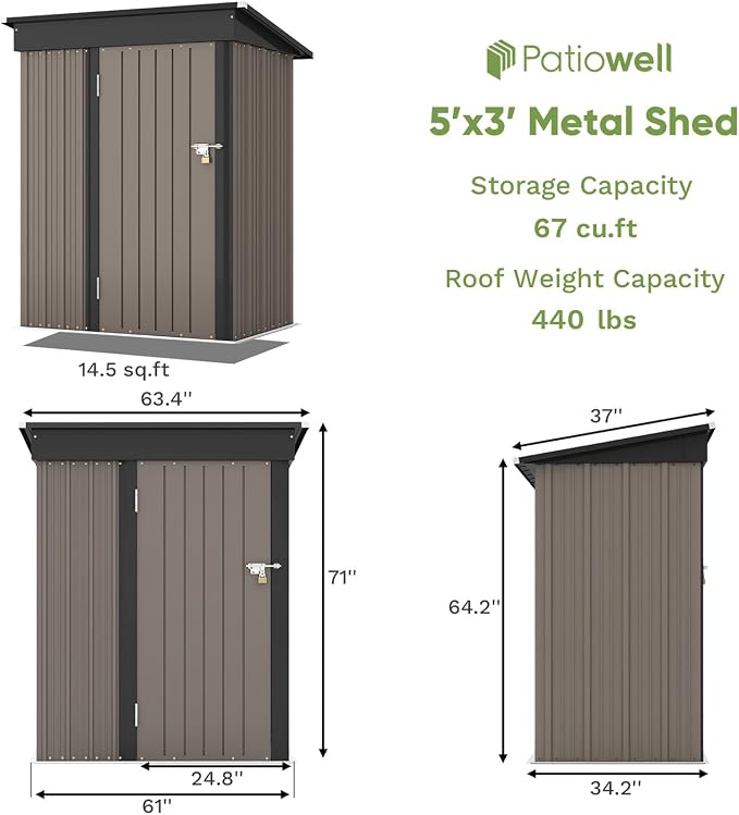 Patiowell 5x3 FT Outdoor Storage Shed, Tool Shed - Image 6