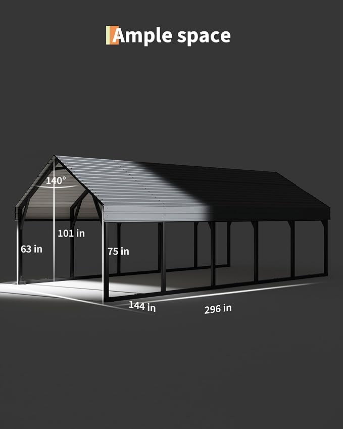 12 x 26 FT Metal Carport, Heavy Duty Carports Reinforced Frame and Steel Roof - Image 6