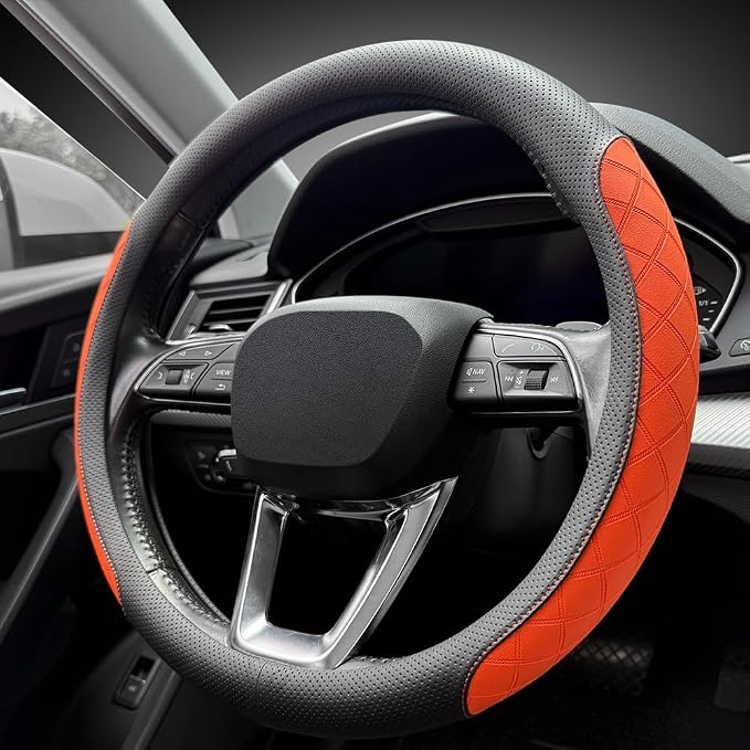 LKWLIKEI Nappa Leather Steering Wheel Cover, Diamond Checkered Design, Non-Slip by LKWLIKEI