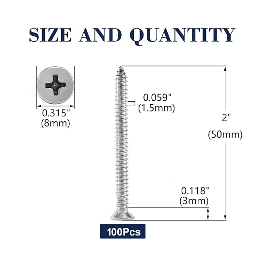 #8 x 2" Wood Screw 100Pcs 18-8 Stainless Steel Screws Flat Head Phillips Fast - Image 2