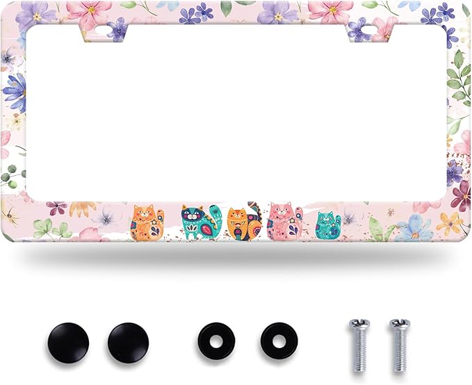 Cat and Flowers License Plate Frame Beautiful Floral Animals License Plate by GORSNKYE