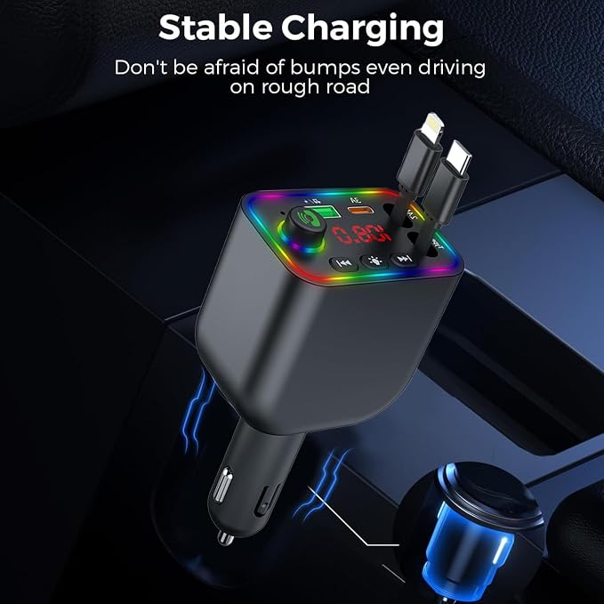 Vitog Retractable Car Charger, Wireless Bluetooth 5.3 FM Transmitter 100W USB C - Image 3