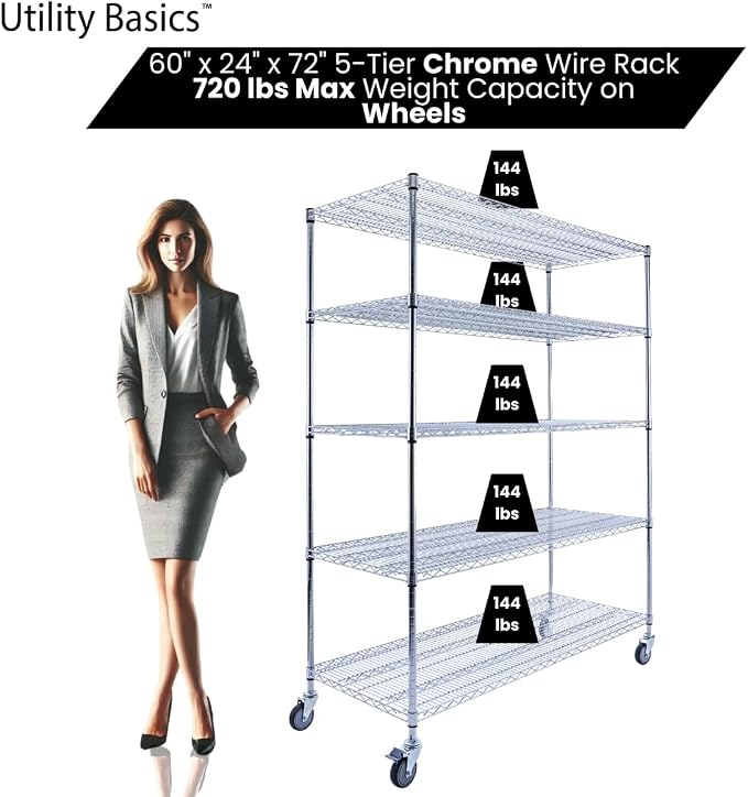 60"x24"x72" Chrome 5-Tier PREMIUM Wire Shelving NSF 4000 LBS MAX CAPACITY Heavy - Image 4