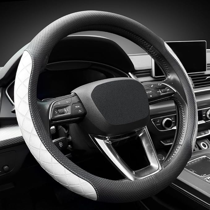 LKWLIKEI Nappa Leather Steering Wheel Cover, Elegant Diamond Checkered Design - Image 2