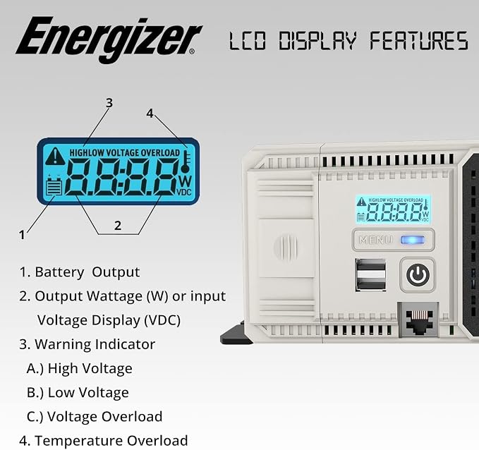 Energizer 1100 Watt 12V to 110v Pure Sine Wave Inverter Dual AC Outlets & USB - Image 3