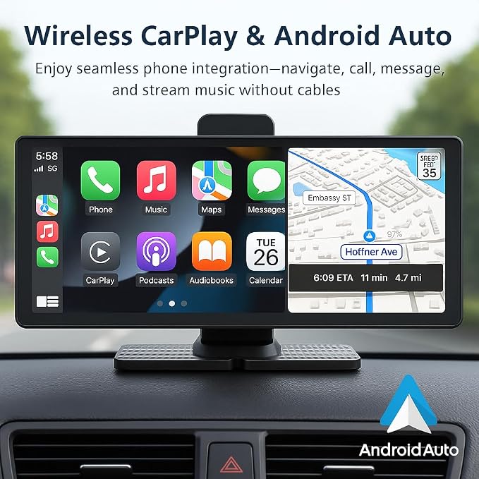 Portable Apple CarPlay & Android Auto – 10.26" Wireless Car Stereo, 4K Dash Cam - Image 2