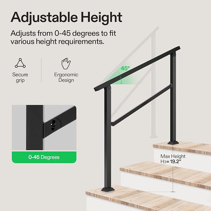 VIVOSUN Outdoor Handrail, 3 Step Stair Handrail, Wrought Mattle Iron Handrail - Image 4