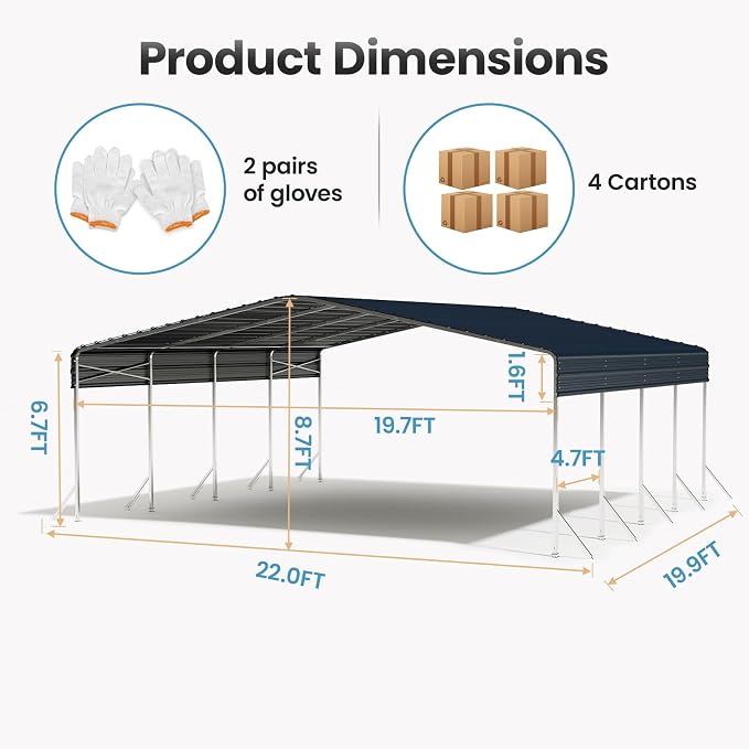 20x20ft Heavy Duty Metal Carport – Outdoor Galvanized Garage, Sturdy Structure - Image 8