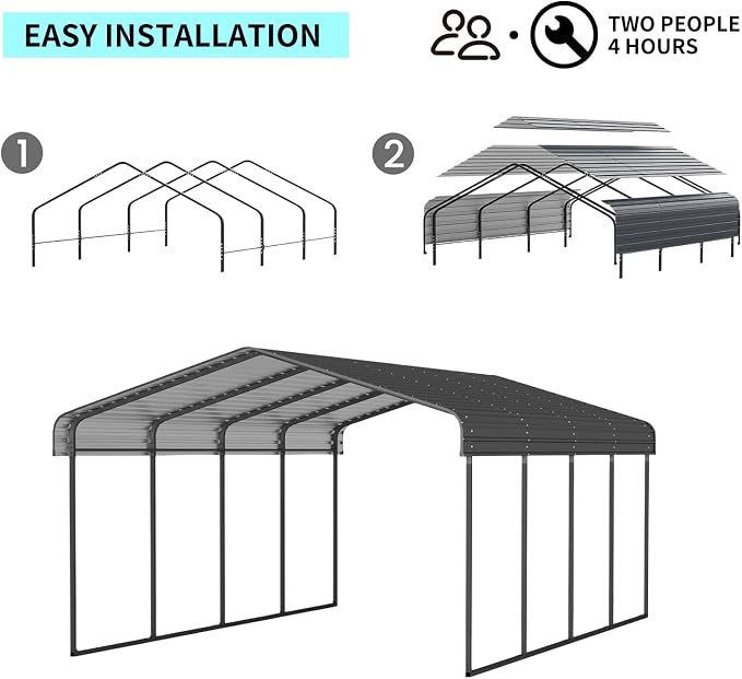 12x20 FT Metal Carport, Heavy Duty Car Port Canopy - Image 4