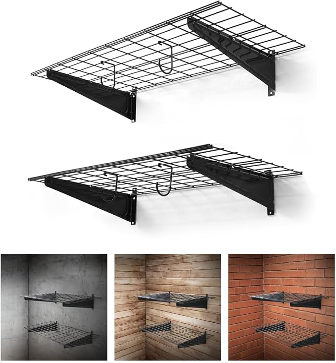 Fencer Wire 36 in. W x 18 in. D Wall Mounted Garage Wall Shelving w/ 2 Hooks by Fencer+Wire