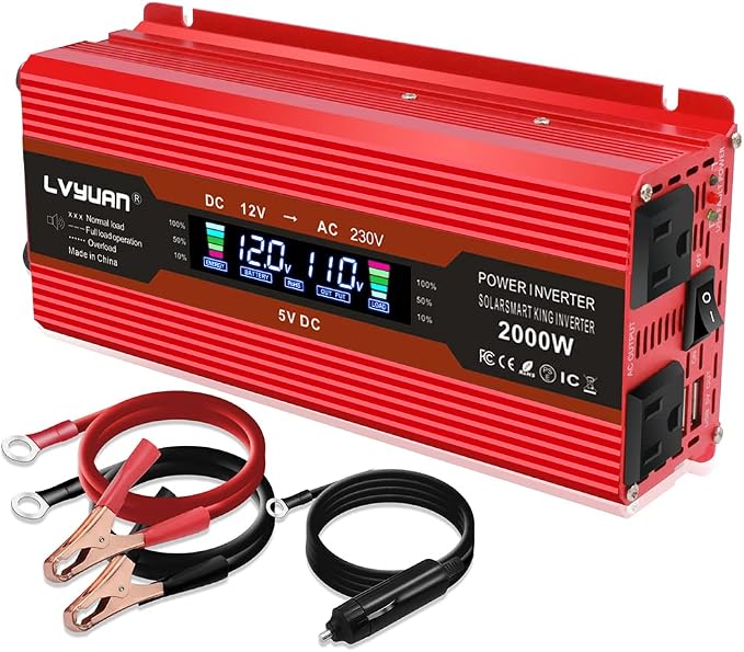 Power Inverter 1000W/2000W Dual AC Outlets and Dual USB Charging Ports DC 12V by LVYUAN
