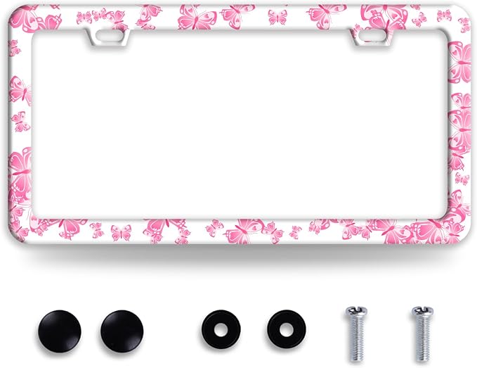 Pink Butterfly License Plate Frame Funny Animal License Plate Frames Stainless by BRAGHRTED