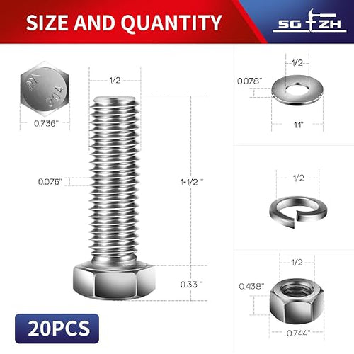 1/2-13 x 1-1/2" Hex Head Screw Bolt, Flat & Lock Washers, Fully Threaded - Image 2