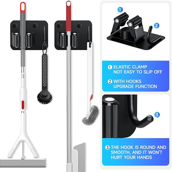 2-Pack Broom Holder with Heavy Duty Hooks, Upgraded Stainless Steel Mop Hanger. - Image 5