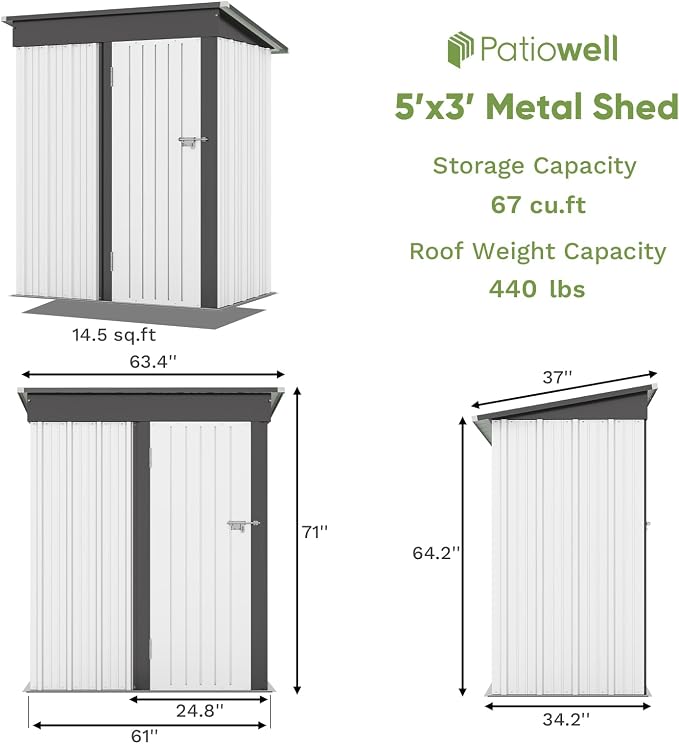 Patiowell 5x3 FT Outdoor Storage Shed, Garden Tool Shed - Image 6