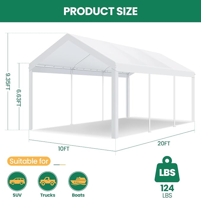 COBIZI Carport Canopy 12x20 Heavy Duty Car Tent Garage, Galvanized Frame Car - Image 5