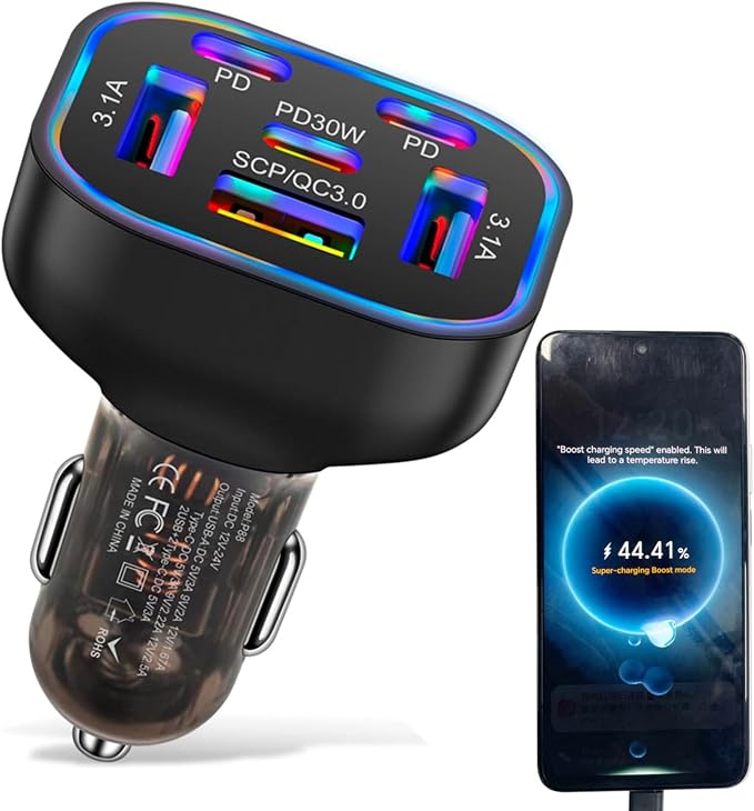 6 in 1 Multi Port USB C Car Charger Adapter PD 30W 6 Ports Super Fast Charging by UYUXIO