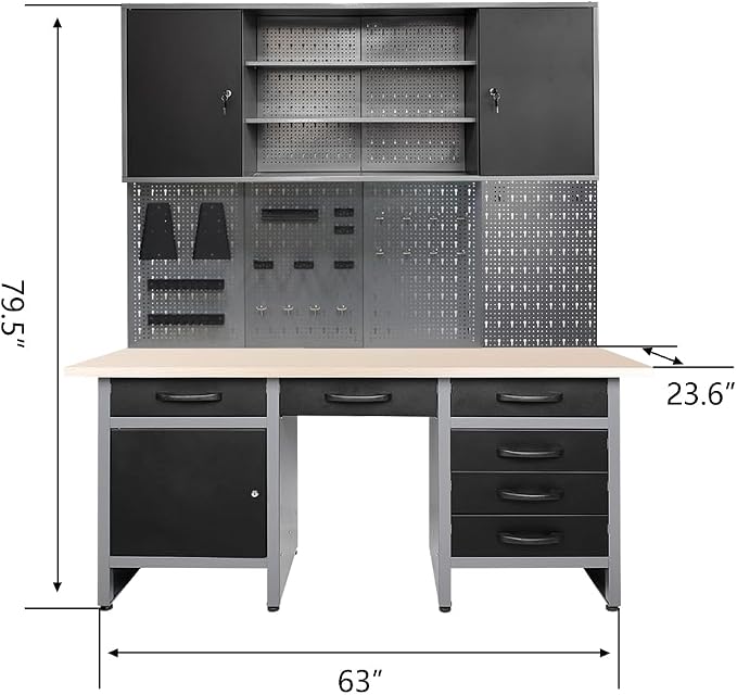 JZD Metal Storage Organization System, Wall Mount Tool Cabinet, Wood Tabletop - Image 2