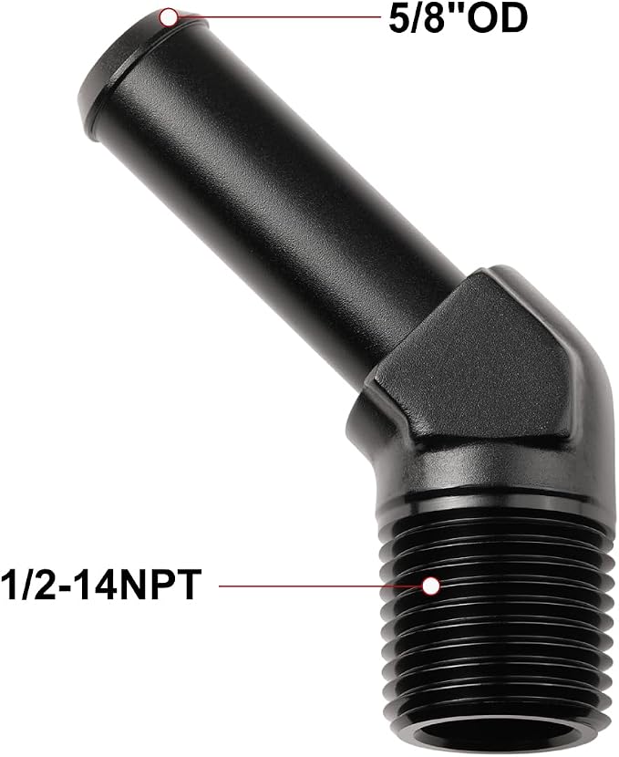 1/2 NPT Male to 5/8" Hose Barb Fitting Adapter 45 Degree Elbow Aluminum Black - Image 2