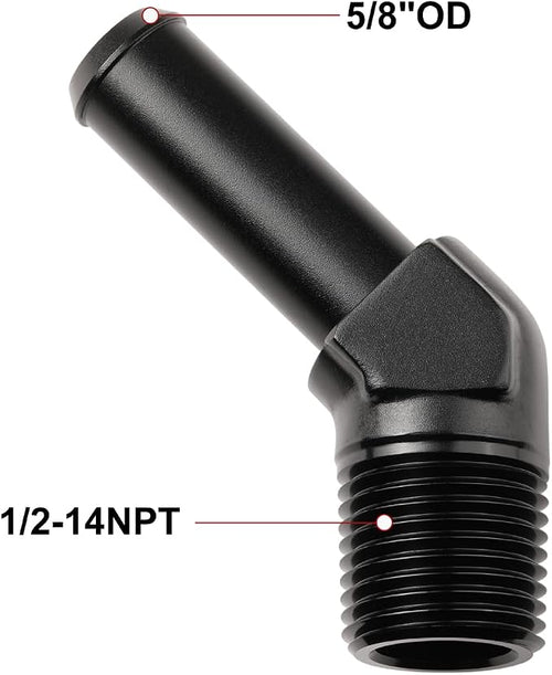 1/2 NPT Male to 5/8" Hose Barb Fitting Adapter 45 Degree Elbow Aluminum Black - Image 2