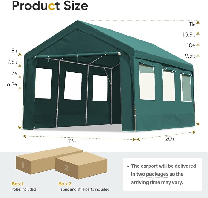 ADVANCE OUTDOOR 12x20 ft Car Canopy Garage Heavy Duty Carport Boat Shelter - Image 6