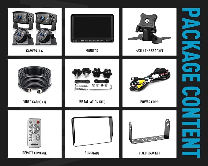 Fookoo HD 1080P 7" Wired Backup Camera System, 7-inch Quad Split Screen Monitor - Image 7