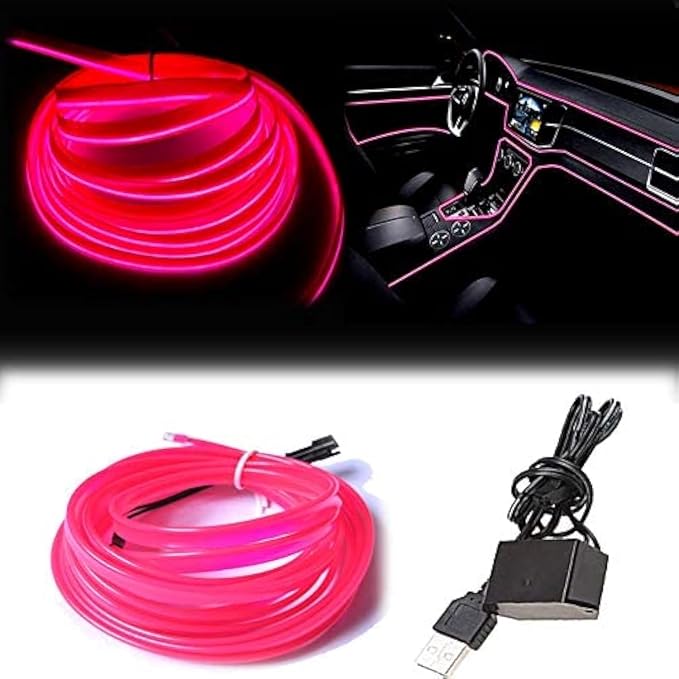 El Wire Pink Interior Car LED Strip Lights, 3M Neon Wire USB 5V by Maxlaxer
