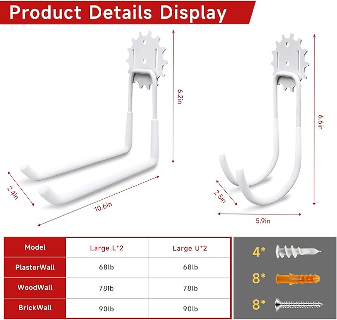 Garage Hooks White 4 Pack, 68-110LB Heavy Duty Steel Storage Utility Hooks - Image 2