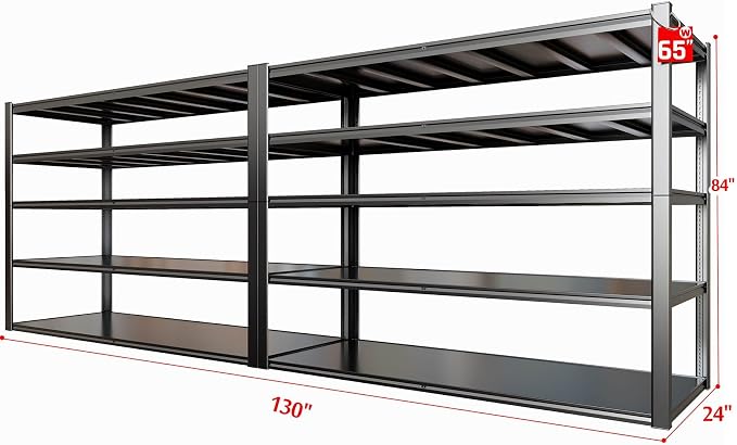 65" W Heavy Duty Garage Shelving, 5 Tier Metal Shelving Unit, Adjustable - Image 2