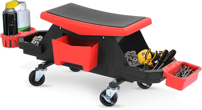 YITAHOME Detailing Stool with Wheels, Mechanics Seat With 2 Removable Trays and by YITAHOME