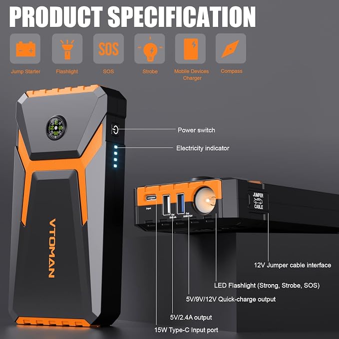 VTOMAN V6 Pro Jump Starter, 2000A Car Battery Jumper Starter Portable - Image 9