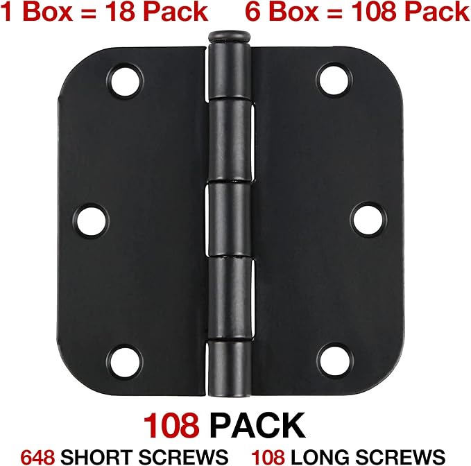 108 Pack Rounded Matte Black Door Hinges 3.5 Inch 5/8" Radius - Image 2