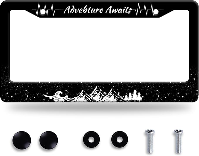 Advebture Awaits License Plate Frame Mountain Waves Forest License Plate by GORSNKYE